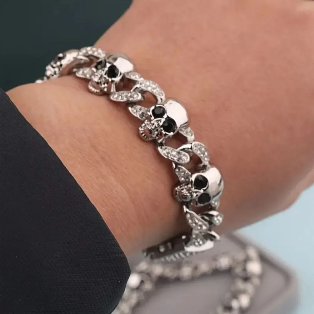 Men’s CZ Gothic Skull Cuban Link Bling Bracelet 8 in Rock Punk Band Party